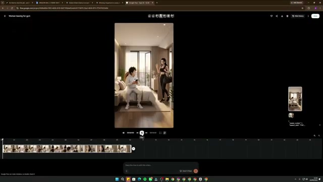 Google Flow interface playing rendered 3D anime video clip with character lip-sync and dialogue